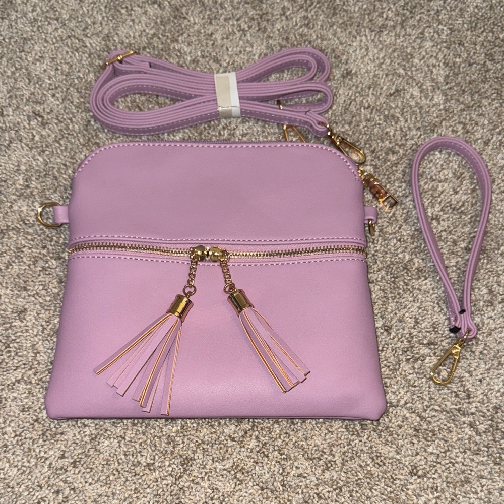 Jen&Co. Vegan Leather Lavender Crossbody Bag with Tassel Accents